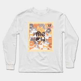 Cute Cat  Pattern, Meow In Stamp Long Sleeve T-Shirt